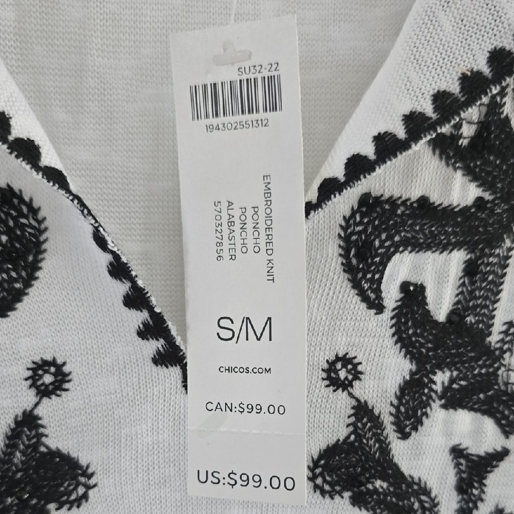 Chico's Black and White Embroidered Knit Poncho - Picture 2 of 10